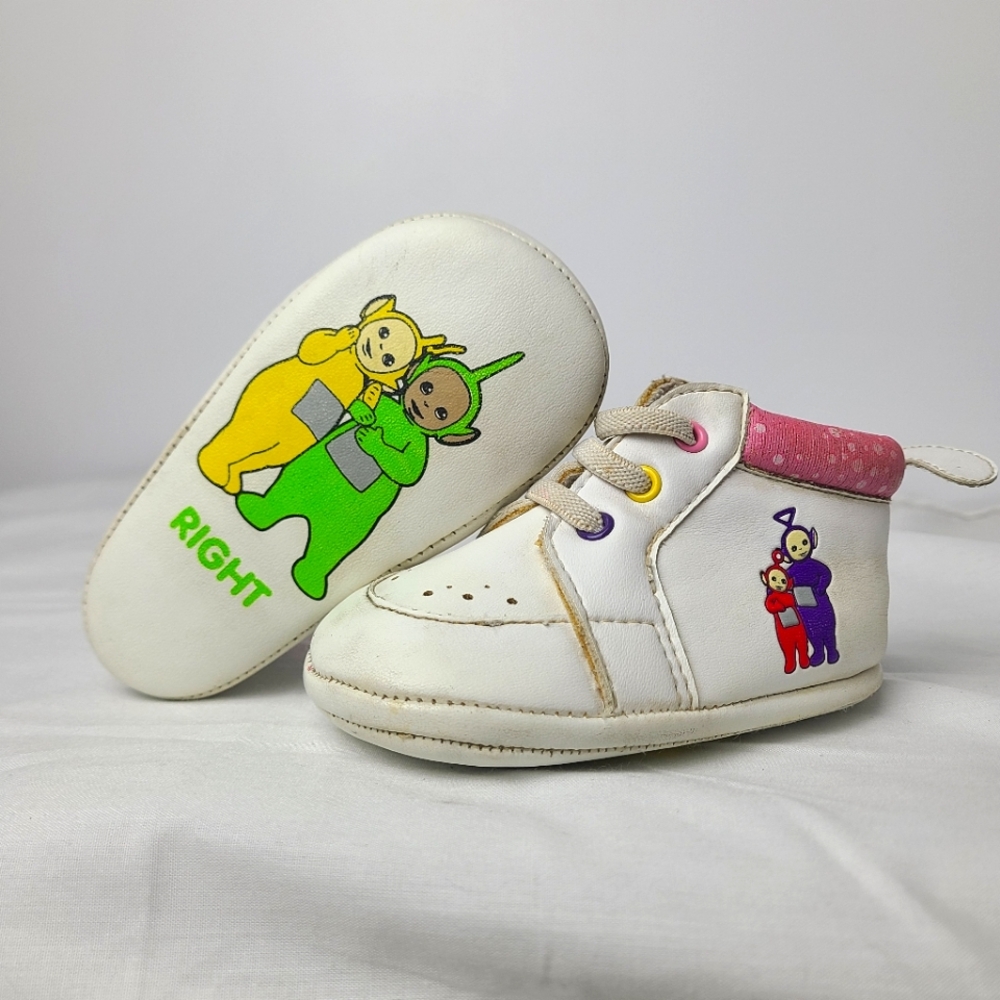 VTG 1999 Teletubbies White Pink Baby Shoes Sz 3 Tinkie-Winkie Dipsy Lala Po